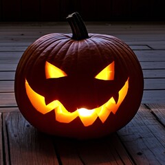 Obraz premium Eerily carved jack-o-lantern with a sinister grin, its flickering candlelight casting dancing, spooky shadows in the darkness.