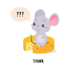 Little Mouse Think Demonstrating English Verbs for Educational Activity Vector Illustration