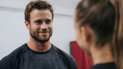 A friendly male trainer with a beard smiles warmly while talking to his client in a clean modern fitness studio