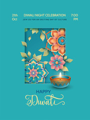 Happy Diwali Poster Template. A passepartout-shaped frame with flowers, mandala and traditional oil lamp