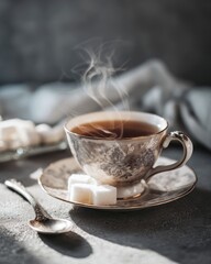 Steaming hot tea in an elegant vintage porcelain teacup and saucer with sugar cubes.
