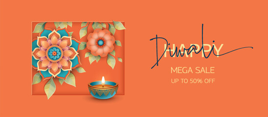 Diwali sale announcement banner. Paper style Happy Diwali banner design