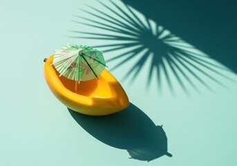 Tropical mango cocktail with palm leaf shadow on teal background