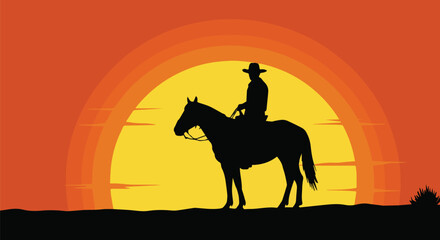 Silhouette of a lone cowboy riding a horse against a vibrant orange and yellow sunset, a classic western scene