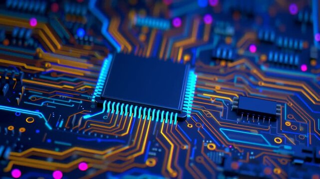 Medical electronics factory, showcasing a detailed microchip and circuitry.