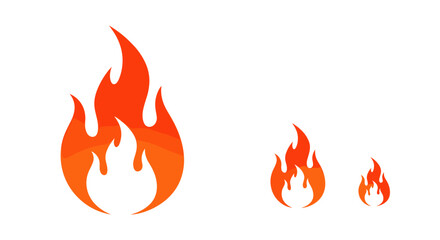 Abstract representations of fire flames in varying sizes and intensities glowing with warm orange and red hues on a clean white background.