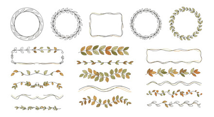A collection of delicate hand-drawn botanical borders and frames featuring leaves and floral elements.