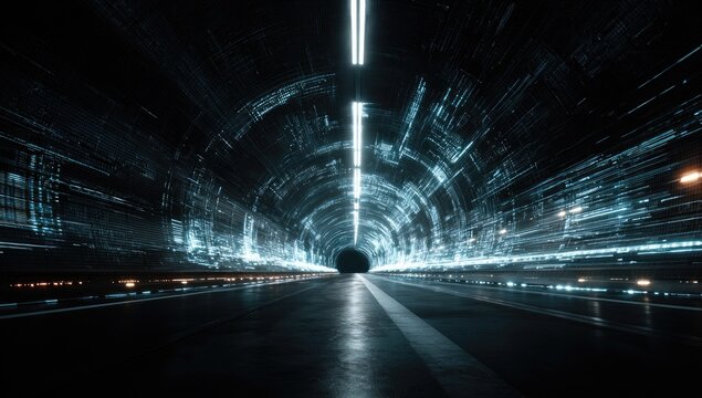 Dark tunnel, glowing with digital data streams
