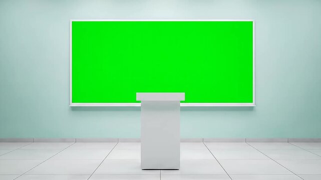 Presentation podium with bright green screen backdrop