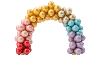 Colorful balloon arch decoration for celebrations, featuring vibrant array of pastel and metallic balloons, creating festive atmosphere