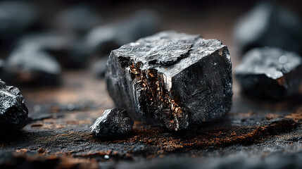 Raw molybdenum ore crystals on black shale with metallic reflections,showcasing strategic mineral resources and clean energy materials for industrial use.