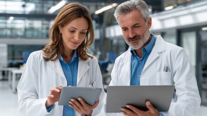 Lab Scientists' Collaboration: Two scientists in white lab coats collaborate, intently reviewing data on their digital tablets, symbolizing innovation, precision. - Powered by Adobe