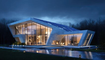 Modern, angular house at twilight, reflecting in water feature