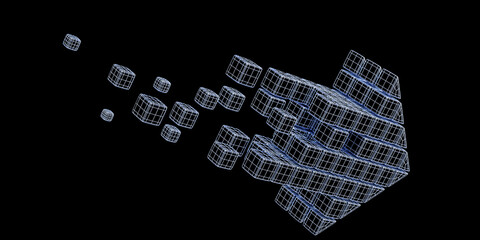 Wireframe model of an arrow made from cubes, isolated on a transparent background. 3D illustration