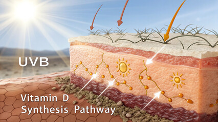 Macro shot of human skin, UVB interacts with skin, showing the vitamin D synthesis pathway, scientific visualization, futuristic aesthetic