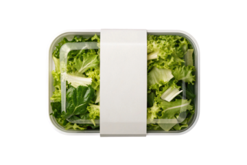 Fresh vibrant green salad in clear takeout container ready for healthy meal prep and convenient dining