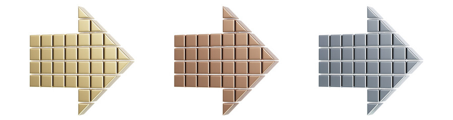 Gold, silver, and bronze arrows composed of glossy metallic cubes, isolated on a transparent background. 3D illustration