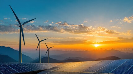Sustainable Energy Landscape with Wind Turbines and Solar Panels at Sunset