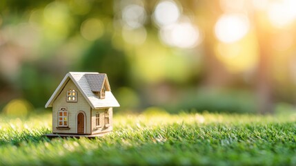 Miniature House Model on Green Grass with Natural Sunlight Background