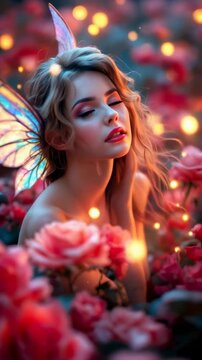 Fairy in a mystical garden surrounded by roses and glowing lights