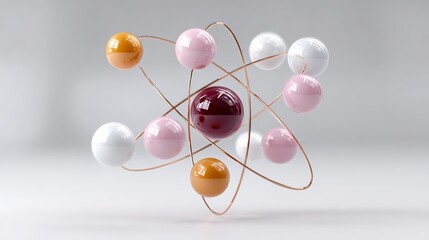 3D illustration of an atom model featuring colorful spheres representing protons, neutrons, and electrons, with delicate orbits, showcasing the fundamental structure of matter in a visually engaging m