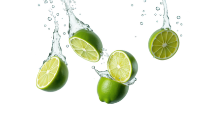Fresh limes splashing into water create vibrant and refreshing scene, showcasing their juicy texture and bright color