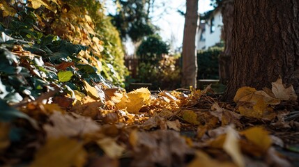 Fototapeta premium vegetation. Autumn garden bathed in warm sunlight with scattered golden leaves and peaceful ambiance. representing seasonal cycles and harvest abundance.