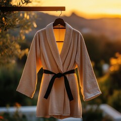 Beige robe on hanger at sunset