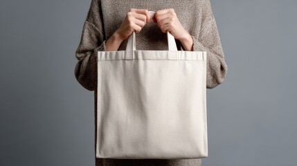 Neutral Canvas Tote Bag Held by Person in Cozy Sweater