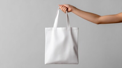 Elegant Hand Holding a Blank Tote Bag Against a Plain Background