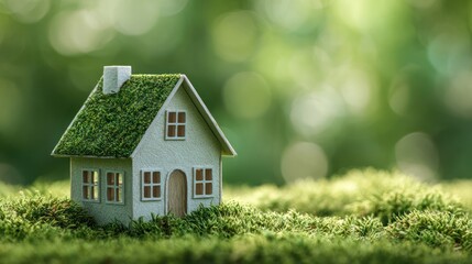 Miniature House with Lush Green Roof Surrounded by Nature Background
