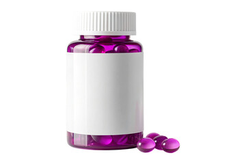 Clean modern medicine bottle with purple capsules and blank label for custom branding and healthcare solutions