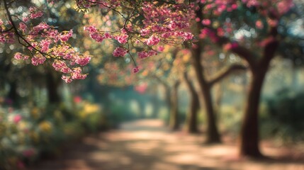 Serene Pathway Through Blooming Cherry Blossom Trees in Springtime