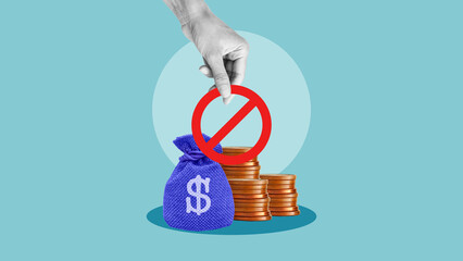 Credit denied because bad credit history are shown with money bag and sign of prohibition. Economic sanctions and confiscation of funds