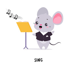 Little Mouse Sing Demonstrating English Verbs for Educational Activity Vector Illustration