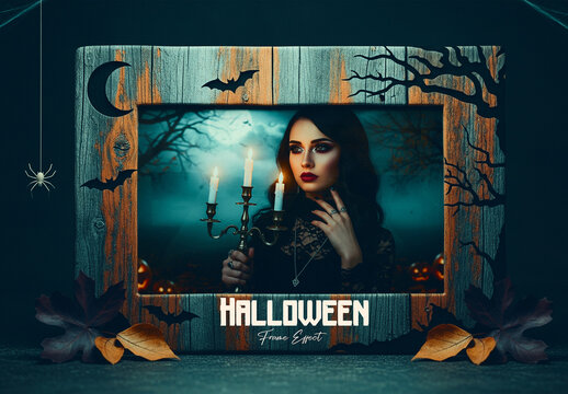 Halloween Horror Photo Frame Effect with Wooden Frame