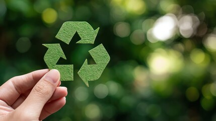 Hand Holding Recycle Symbol on Blurred Green Nature Background