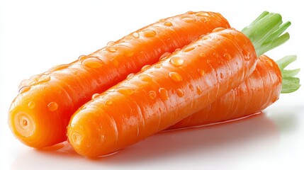 Three fresh orange carrots with water drops, representing healthy vegetables