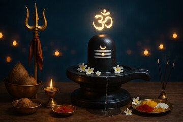 A sacred shiva lingam with a glowing om symbol, a golden trishul, and offerings of kumkum, sindoor, and rice, a spiritual representation of mahadev