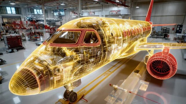 Inside The Aircraft: an aircraft's intricate internal structure glows, revealing a mesmerizing blend of modern technology.