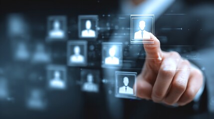 A visionary leader thoughtfully selecting a candidate from a digital pool to build a thriving team with sleek interfaces