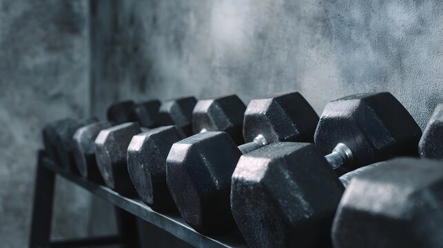 A row of heavy hexagonal dumbbells rests on a metal rack against a textured concrete wall in a gym