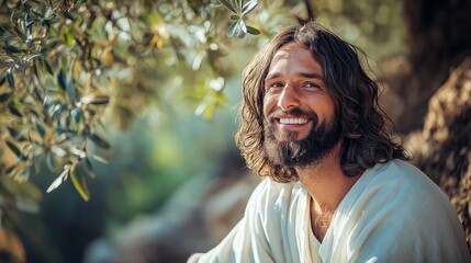 Title: Jesus Christ smiling at olive garden with soft sunlight