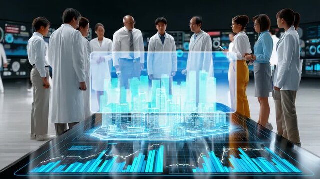 Vision of Future City Planning: A dedicated team of urban planners and scientists collaborates around a holographic display of a future cityscape.