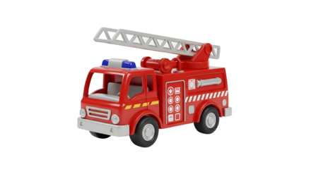 Red Toy Fire Truck with Ladder and Blue Lights isolated PNG with Transparent Background
