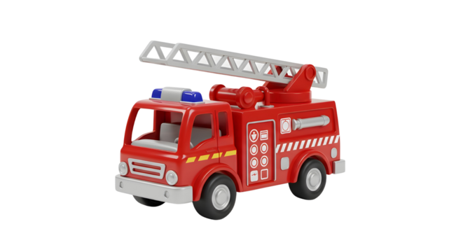 Red plastic toy fire truck with ladder isolated PNG with Transparent Background