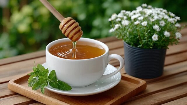 Sweet Nectar: A close-up shot of honey drizzling into a teacup with a honey dipper, accompanied by green leaves and beautiful flowers, placed on a wooden table.