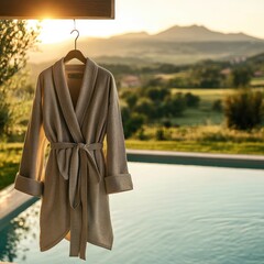 Beige robe hangs outdoors by a pool, scenic view