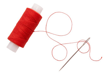 Old spool of thread and needle on a white background. Sewing accessories