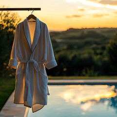 White robe hanging outdoors, poolside sunset